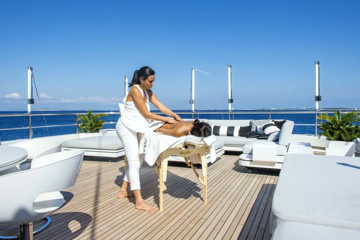 Yacht massage in St. Barths — onboard setup in Gustavia harbor